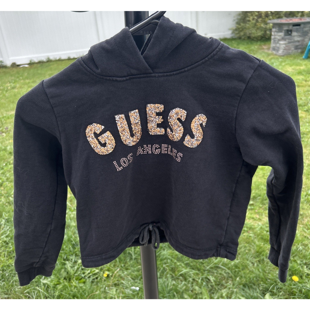 Guess Hoodie Youth Girls 7 Black Long Sleeve Crop Sweatshirt Sequins Glitter